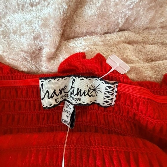Almost Famous Red Smocked Off Shoulder Crop Top XS Ruffled Sleeve - Picture 3 of 5